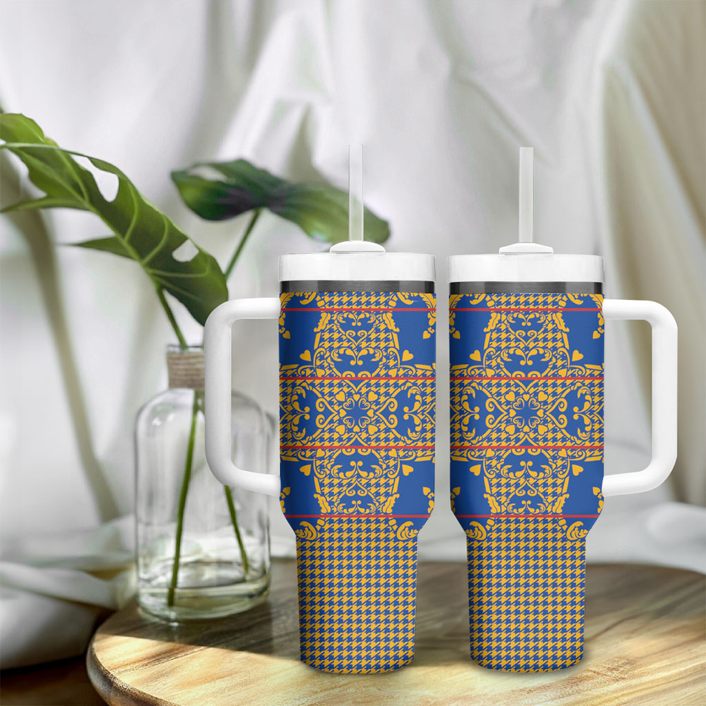 Cobalt Blue Hearts Crown Traditional Geometry Tumbler With Handle Seanamarena Basotho Blanket Inspired