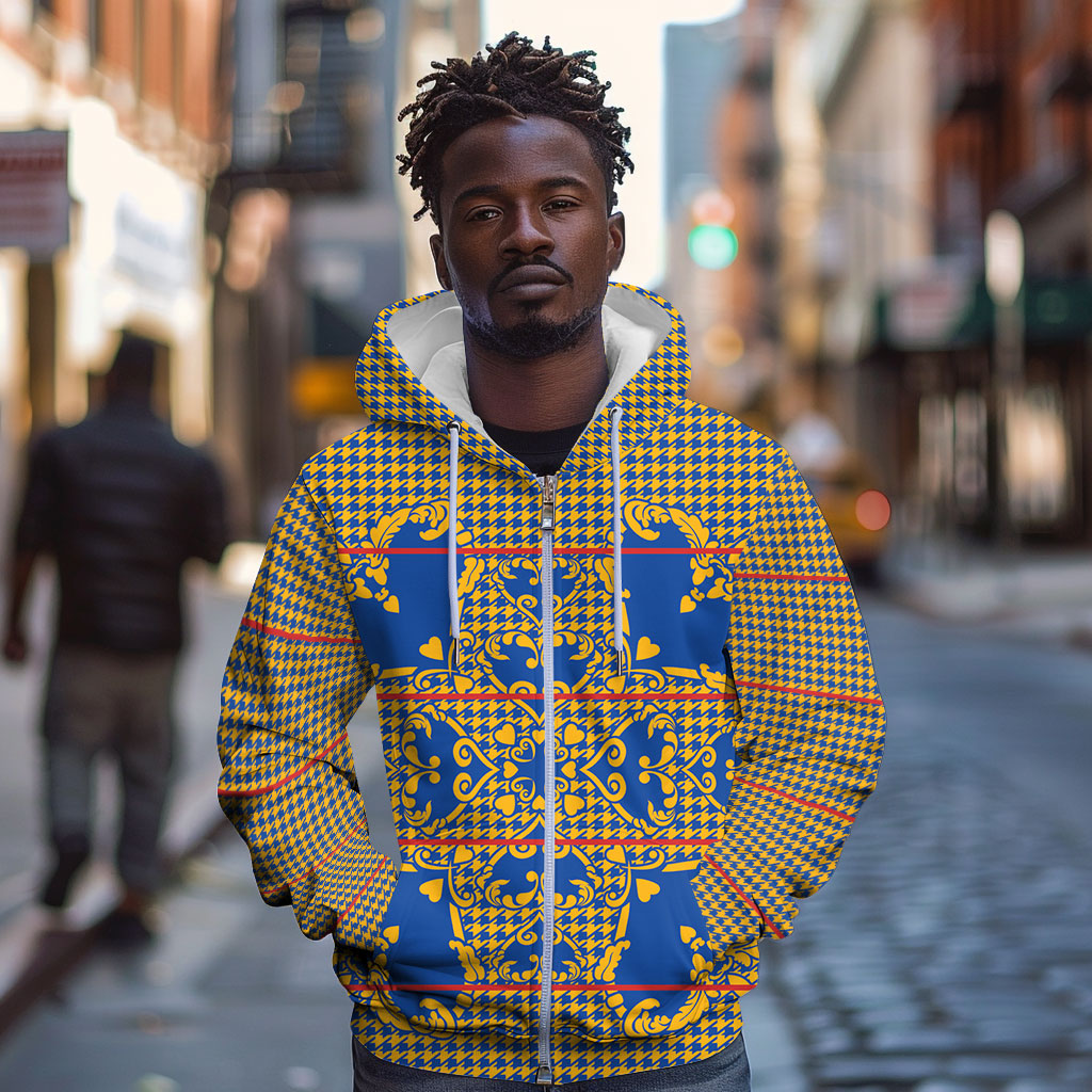 Cobalt Blue Hearts Crown Traditional Geometry Zip Hoodie Seanamarena Basotho Blanket Inspired