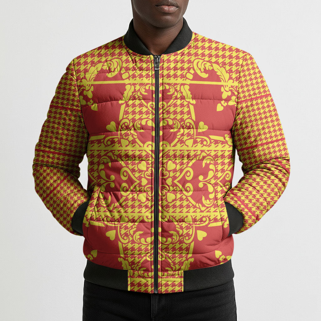 Scarlet Red Hearts Crown Traditional Geometry Bomber Puffer Jacket Seanamarena Basotho Blanket Inspired