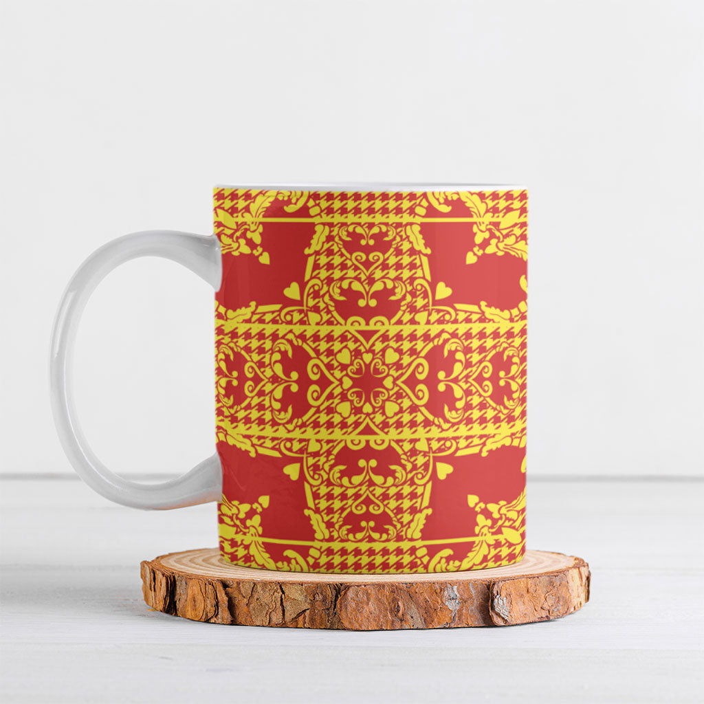Scarlet Red Hearts Crown Traditional Geometry Ceramic Mug Seanamarena Basotho Blanket Inspired