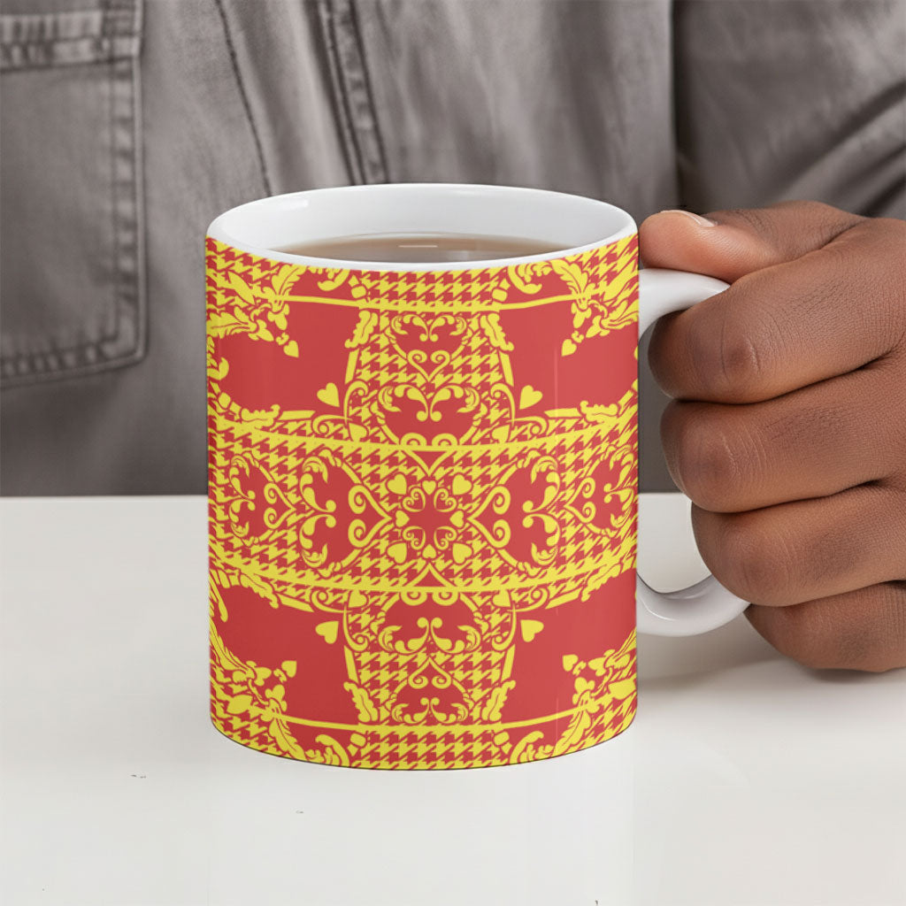 Scarlet Red Hearts Crown Traditional Geometry Ceramic Mug Seanamarena Basotho Blanket Inspired