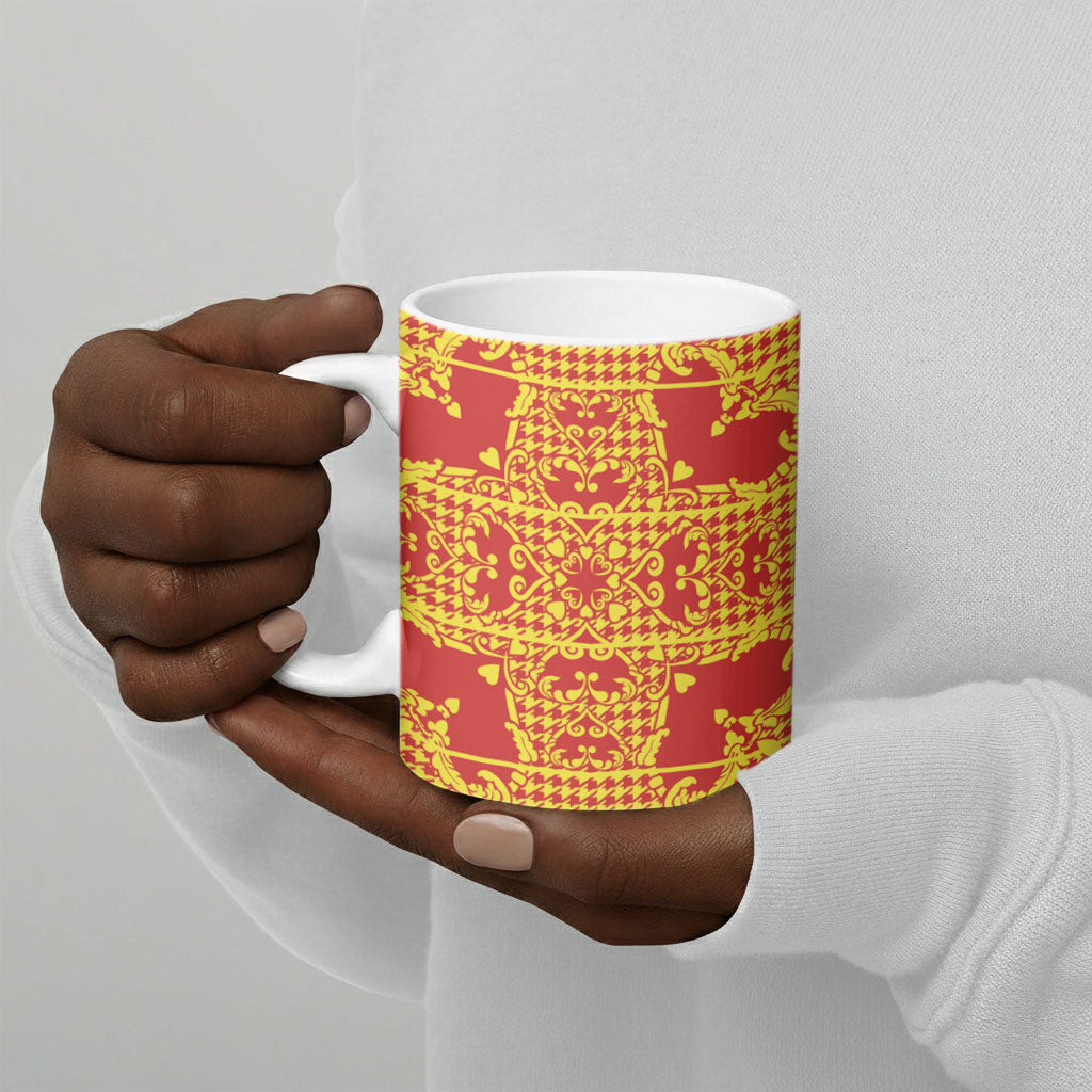 Scarlet Red Hearts Crown Traditional Geometry Ceramic Mug Seanamarena Basotho Blanket Inspired