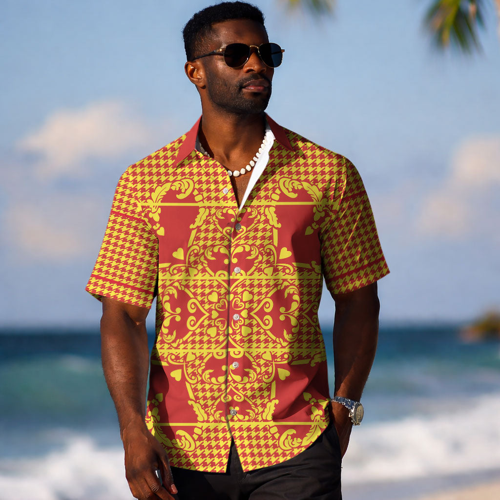 Scarlet Red Hearts Crown Traditional Geometry Hawaiian Shirt Seanamarena Basotho Blanket Inspired