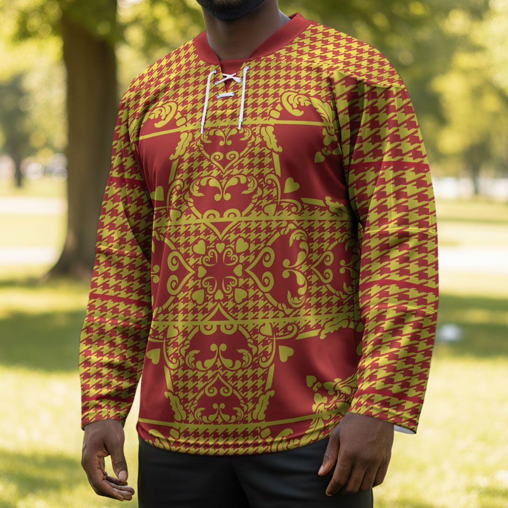 Scarlet Red Hearts Crown Traditional Geometry Hockey Jersey Seanamarena Basotho Blanket Inspired