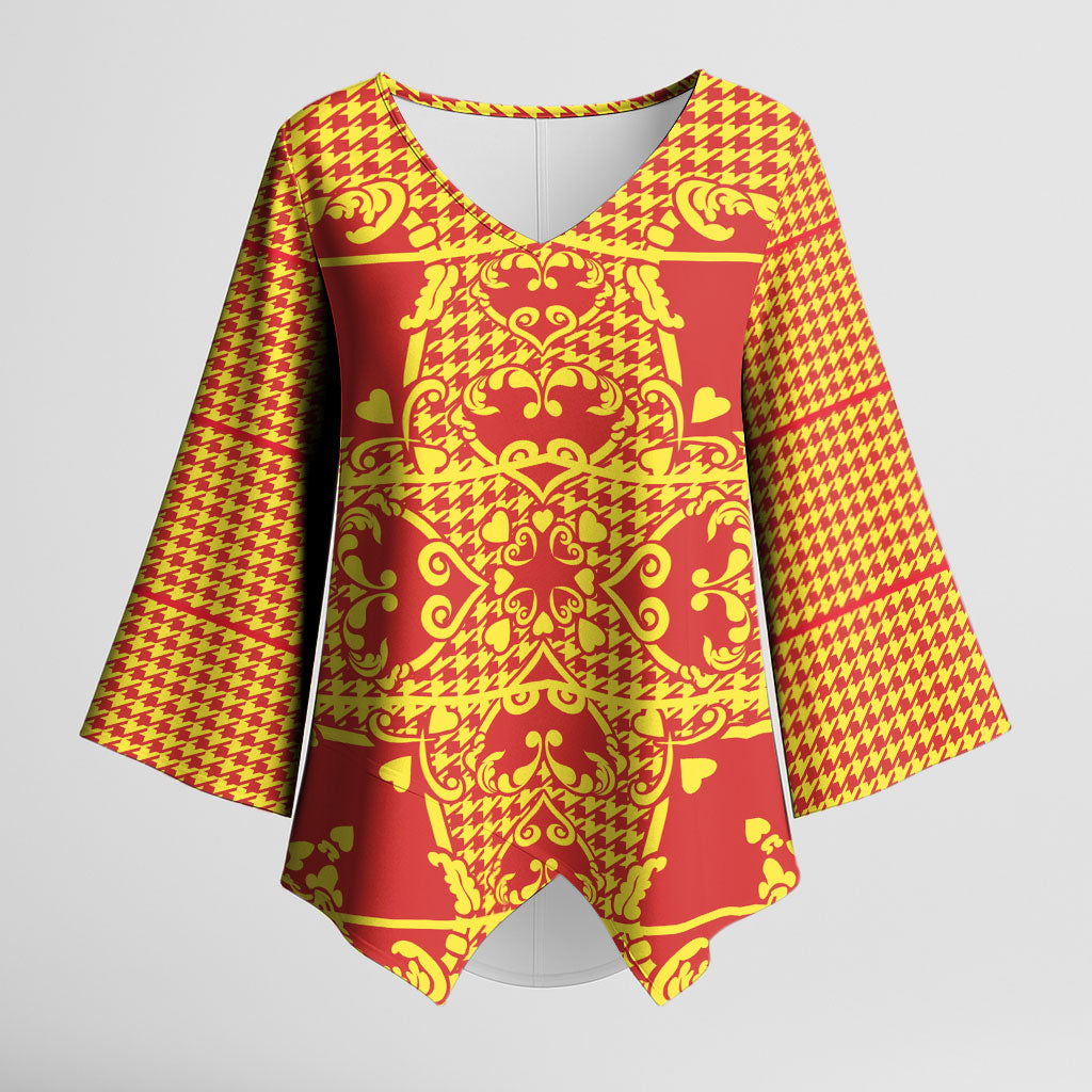 Scarlet Red Hearts Crown Traditional Geometry Kimono Sleeve Blouse Seanamarena Basotho Blanket Inspired