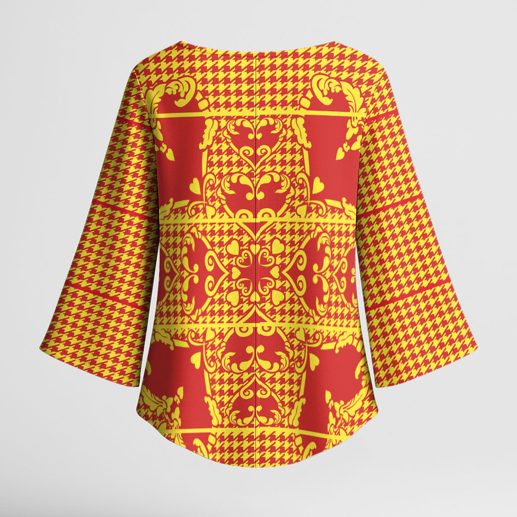 Scarlet Red Hearts Crown Traditional Geometry Kimono Sleeve Blouse Seanamarena Basotho Blanket Inspired