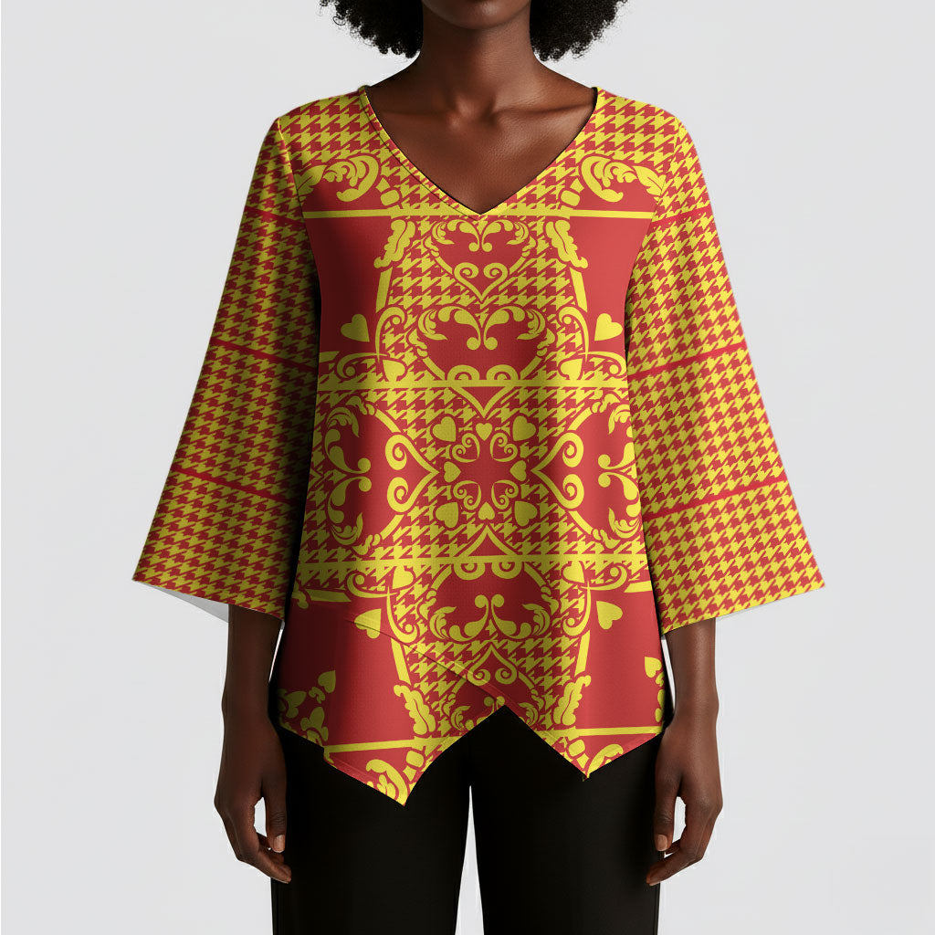 Scarlet Red Hearts Crown Traditional Geometry Kimono Sleeve Blouse Seanamarena Basotho Blanket Inspired