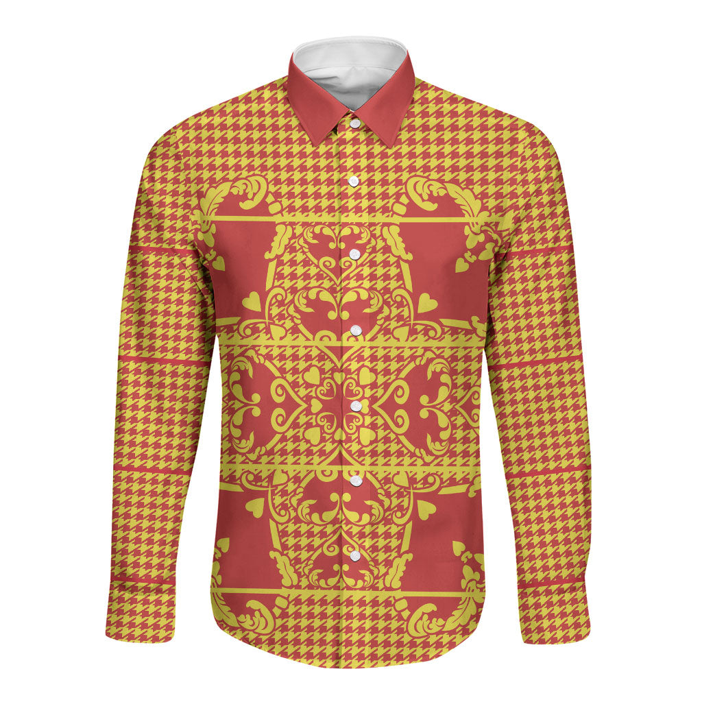 Scarlet Red Hearts Crown Traditional Geometry Long Sleeve Button Shirt Seanamarena Basotho Blanket Inspired