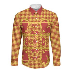 Scarlet Red Hearts Crown Traditional Geometry Long Sleeve Button Shirt Seanamarena Basotho Blanket Inspired