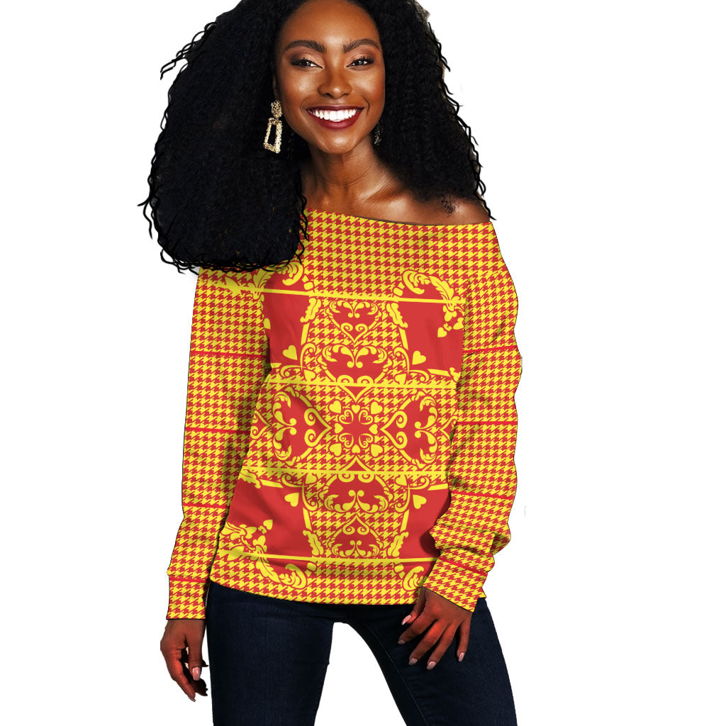 Scarlet Red Hearts Crown Traditional Geometry Off Shoulder Sweater Seanamarena Basotho Blanket Inspired