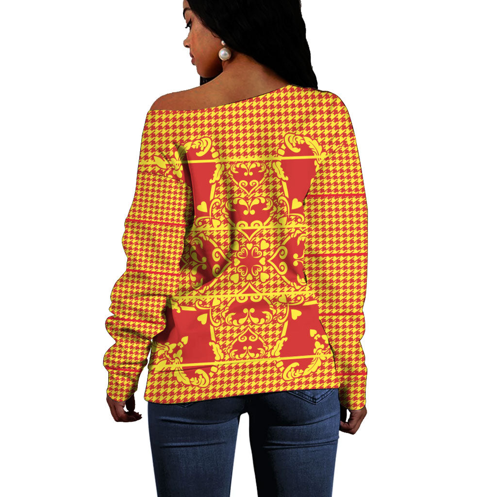 Scarlet Red Hearts Crown Traditional Geometry Off Shoulder Sweater Seanamarena Basotho Blanket Inspired