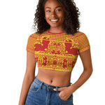 Scarlet Red Hearts Crown Traditional Geometry Raglan Cropped T shirt Seanamarena Basotho Blanket Inspired