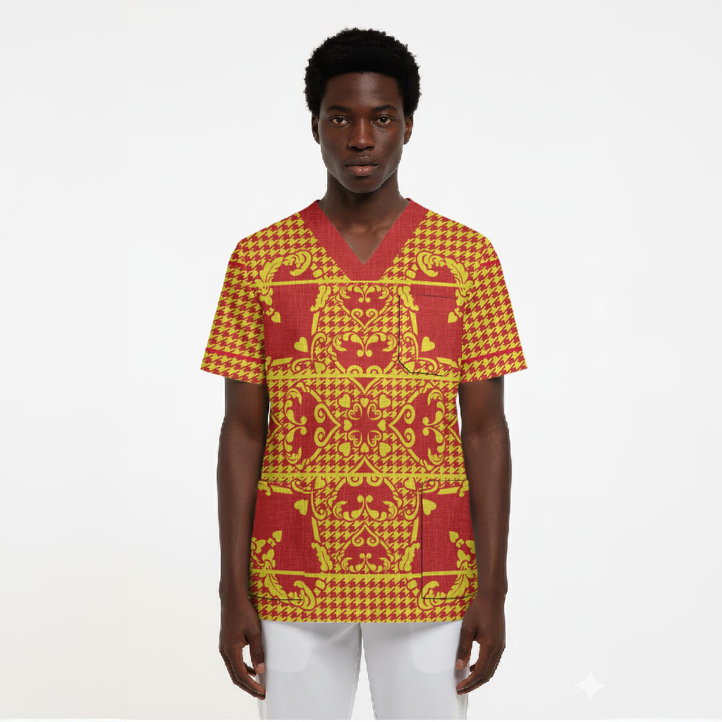 Scarlet Red Hearts Crown Traditional Geometry Scrub Top Seanamarena Basotho Blanket Inspired