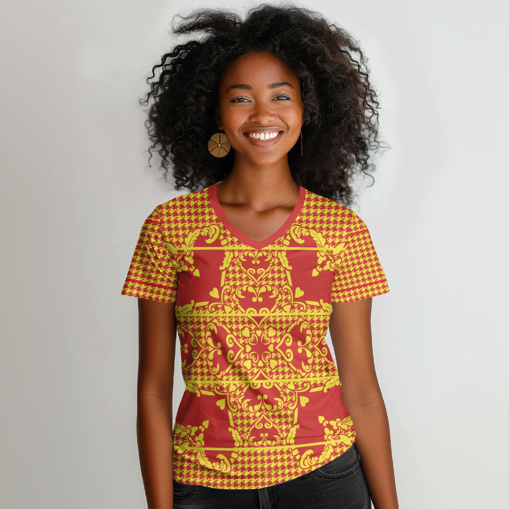 Scarlet Red Hearts Crown Traditional Geometry Women V-Neck T-Shirt Seanamarena Basotho Blanket Inspired