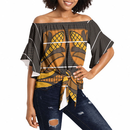 Old Gold Khotso Mojalefa Poone Off Shoulder Wrap Waist Top Basotho Khotso Blanket Inspired