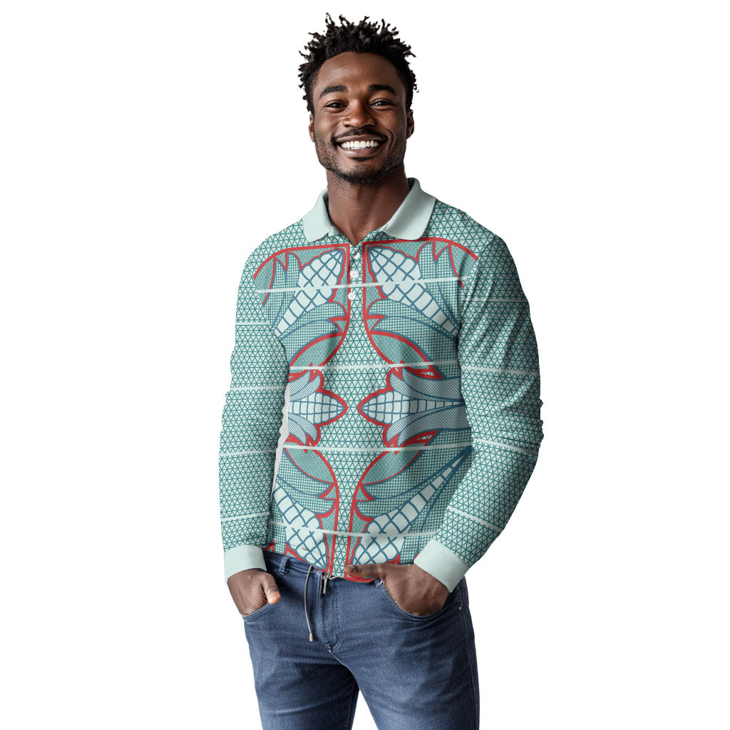 Turquoise Khotso Mojalefa Poone Long Sleeve Polo Shirt Basotho Khotso Blanket Inspired