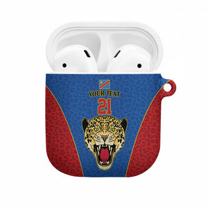 Africa DR Congo Football Custom AirPods Case Blue Leopard Skin Pattern