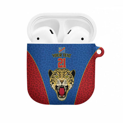 Africa DR Congo Football Custom AirPods Case Blue Leopard Skin Pattern