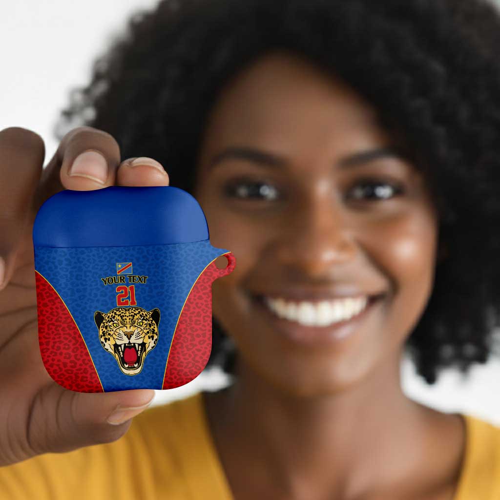 Africa DR Congo Football Custom AirPods Case Blue Leopard Skin Pattern