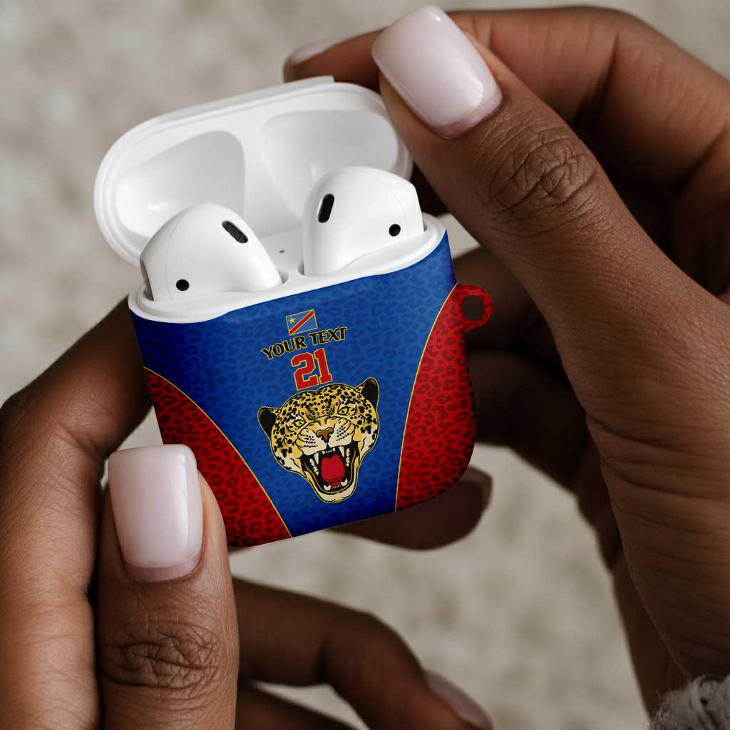 Africa DR Congo Football Custom AirPods Case Blue Leopard Skin Pattern