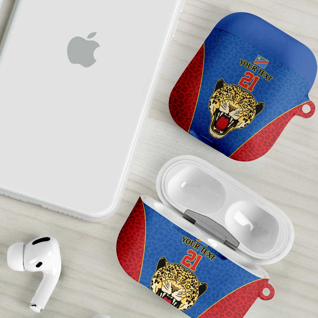 Africa DR Congo Football Custom AirPods Case Blue Leopard Skin Pattern