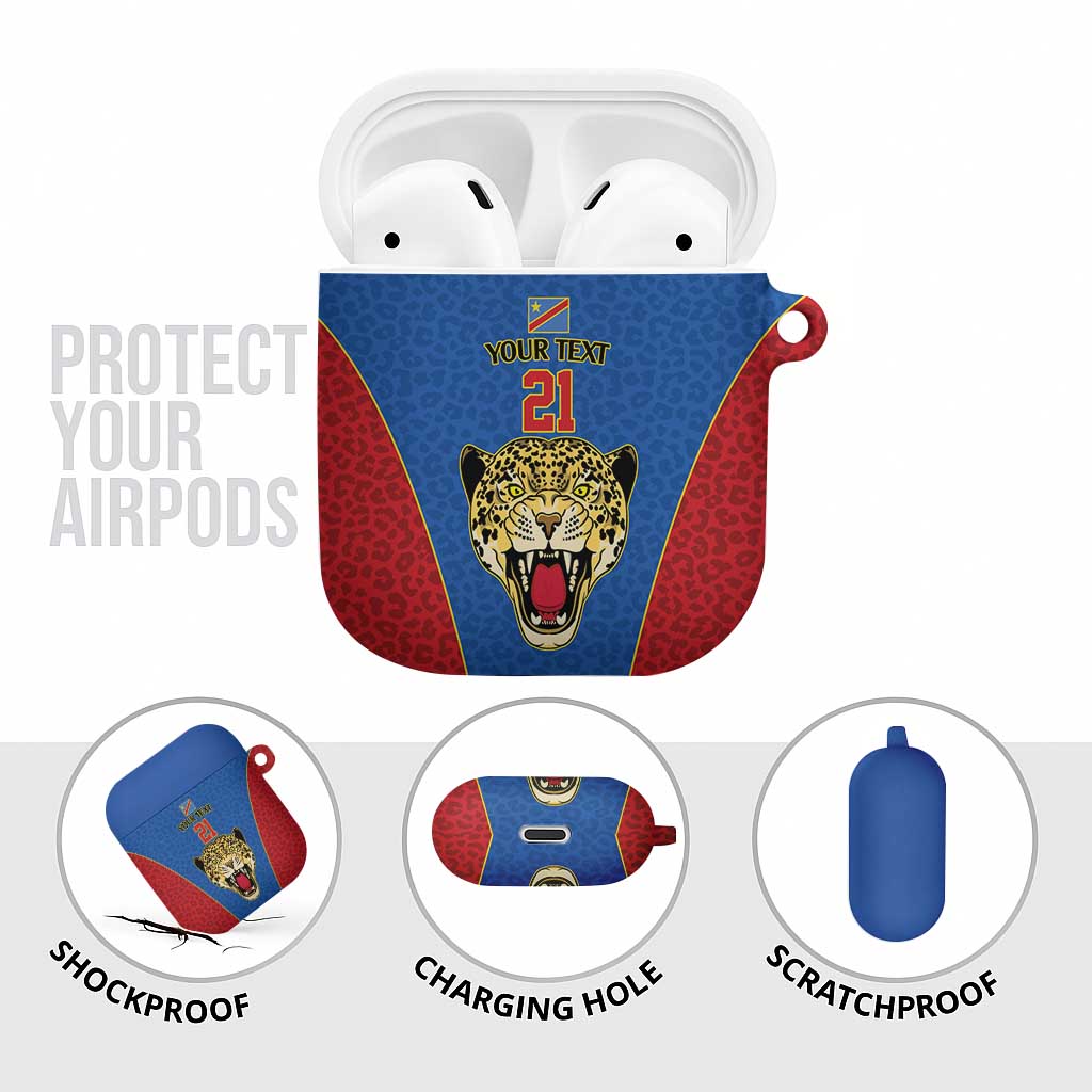 Africa DR Congo Football Custom AirPods Case Blue Leopard Skin Pattern