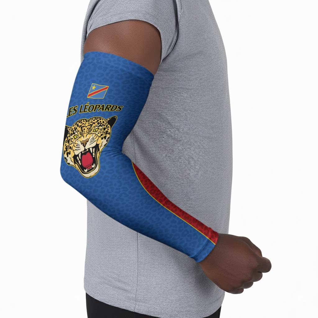 Africa DR Congo Football Custom Arm Sleeves Blue Leopard Skin Pattern
