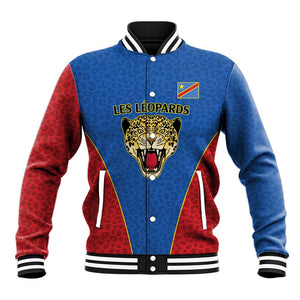 Africa DR Congo Football Custom Baseball Jacket Blue Leopard Skin Pattern - African Pride