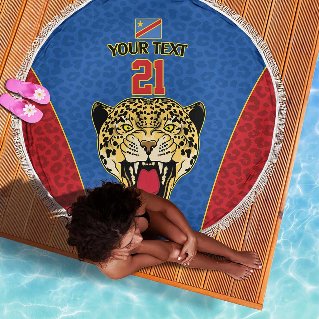 Africa DR Congo Football Custom Beach Blanket Blue Leopard Skin Pattern - African Pride