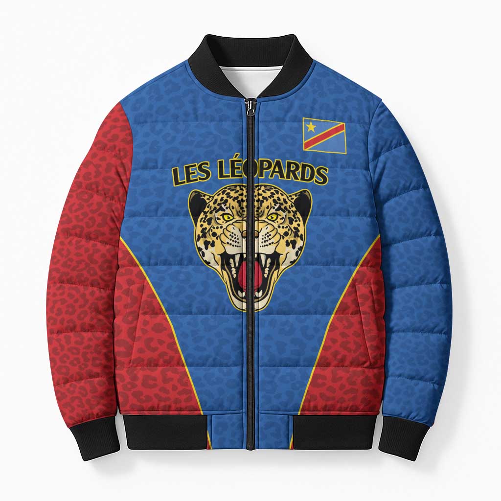 Africa DR Congo Football Custom Bomber Puffer Jacket Blue Leopard Skin Pattern