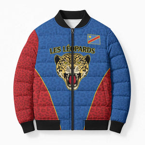 Africa DR Congo Football Custom Bomber Puffer Jacket Blue Leopard Skin Pattern