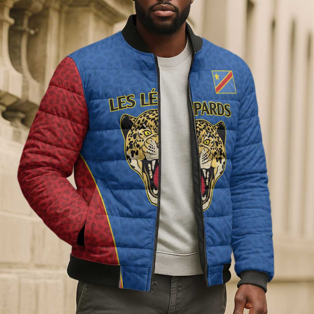 Africa DR Congo Football Custom Bomber Puffer Jacket Blue Leopard Skin Pattern