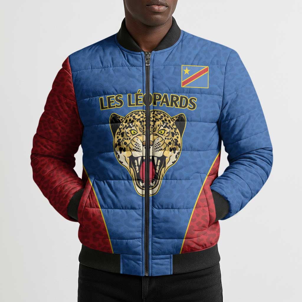 Africa DR Congo Football Custom Bomber Puffer Jacket Blue Leopard Skin Pattern