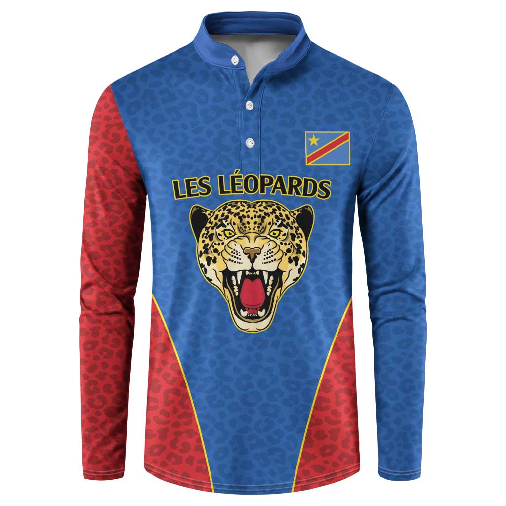 Africa DR Congo Football Custom Button Sweatshirt Blue Leopard Skin Pattern
