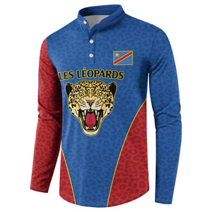 Africa DR Congo Football Custom Button Sweatshirt Blue Leopard Skin Pattern