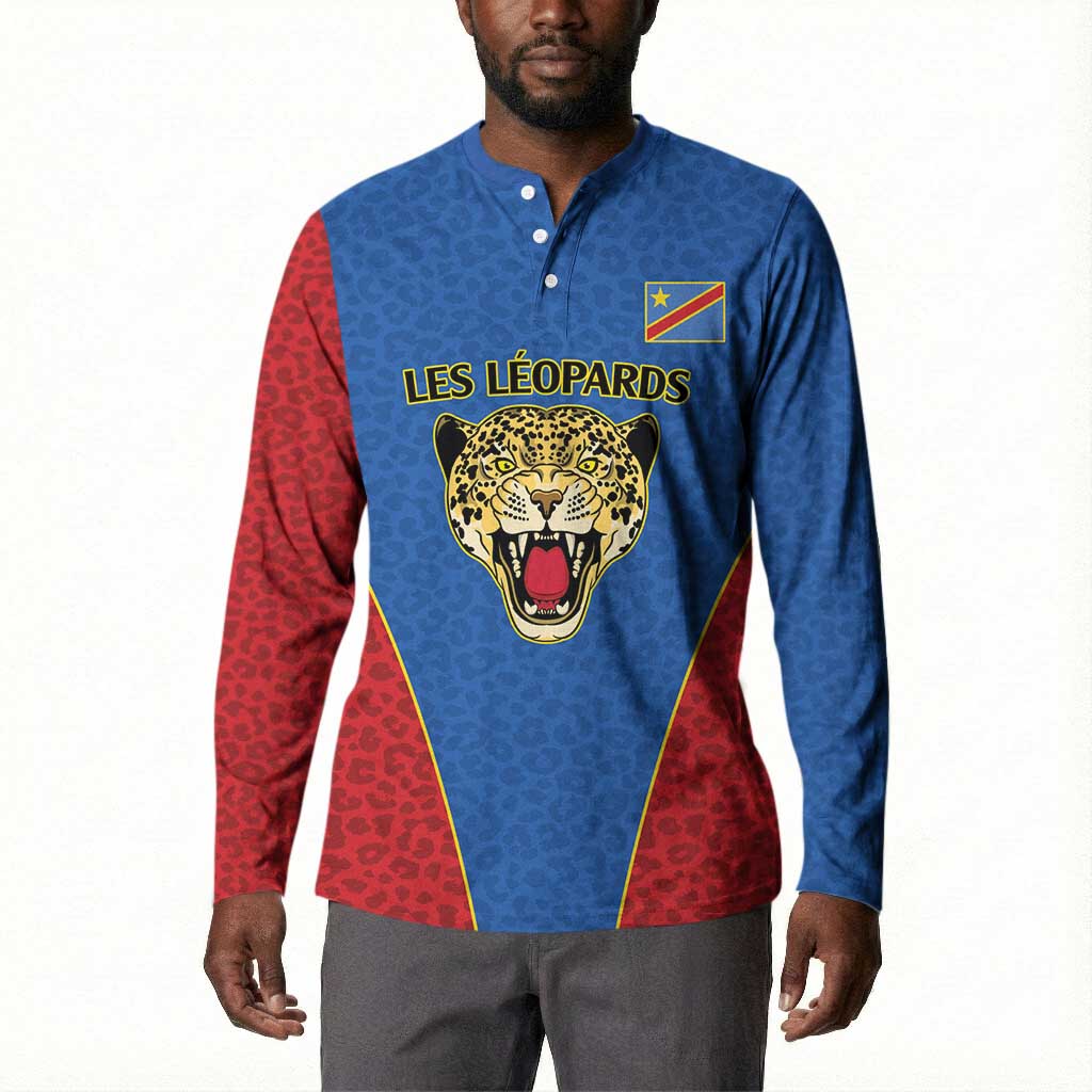 Africa DR Congo Football Custom Button Sweatshirt Blue Leopard Skin Pattern