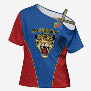 Africa DR Congo Football Custom Cross Shoulder Shirt Blue Leopard Skin Pattern