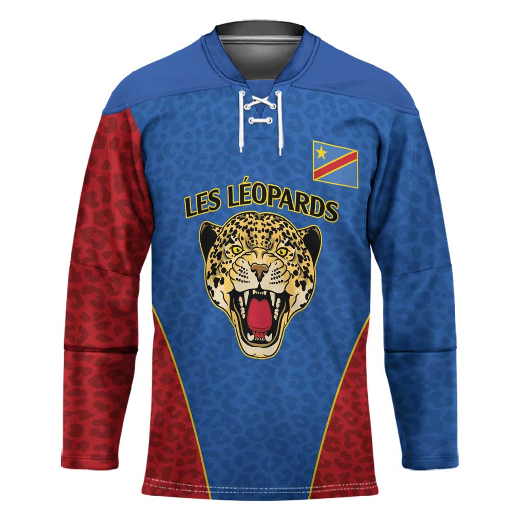 Africa DR Congo Football Custom Hockey Jersey Blue Leopard Skin Pattern
