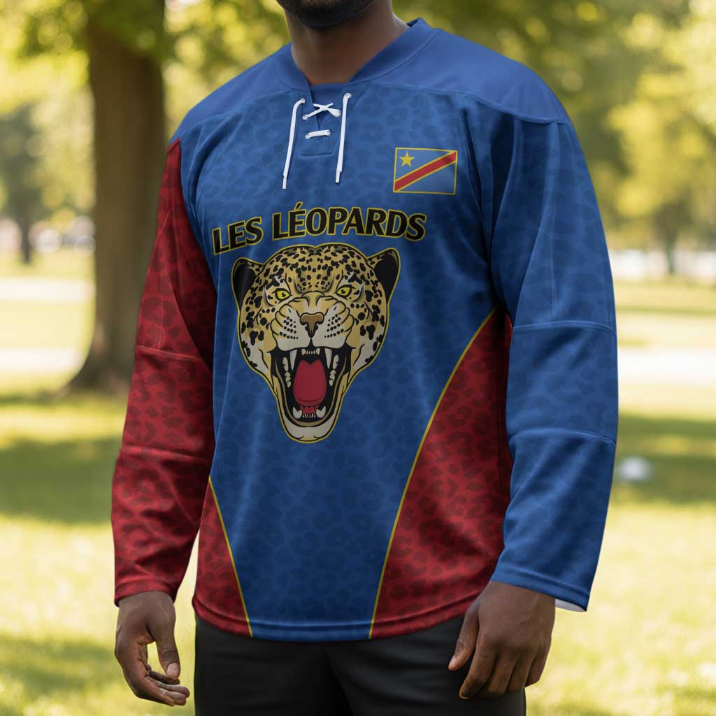 Africa DR Congo Football Custom Hockey Jersey Blue Leopard Skin Pattern