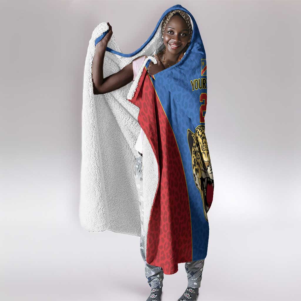 Africa DR Congo Football Custom Hooded Blanket Blue Leopard Skin Pattern - African Pride