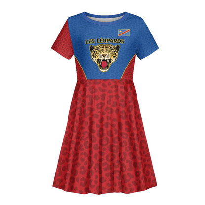 Africa DR Congo Football Custom Kid Short Sleeve Dress Blue Leopard Skin Pattern - African Pride