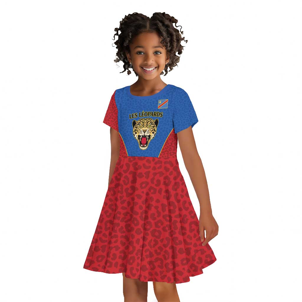 Africa DR Congo Football Custom Kid Short Sleeve Dress Blue Leopard Skin Pattern - African Pride