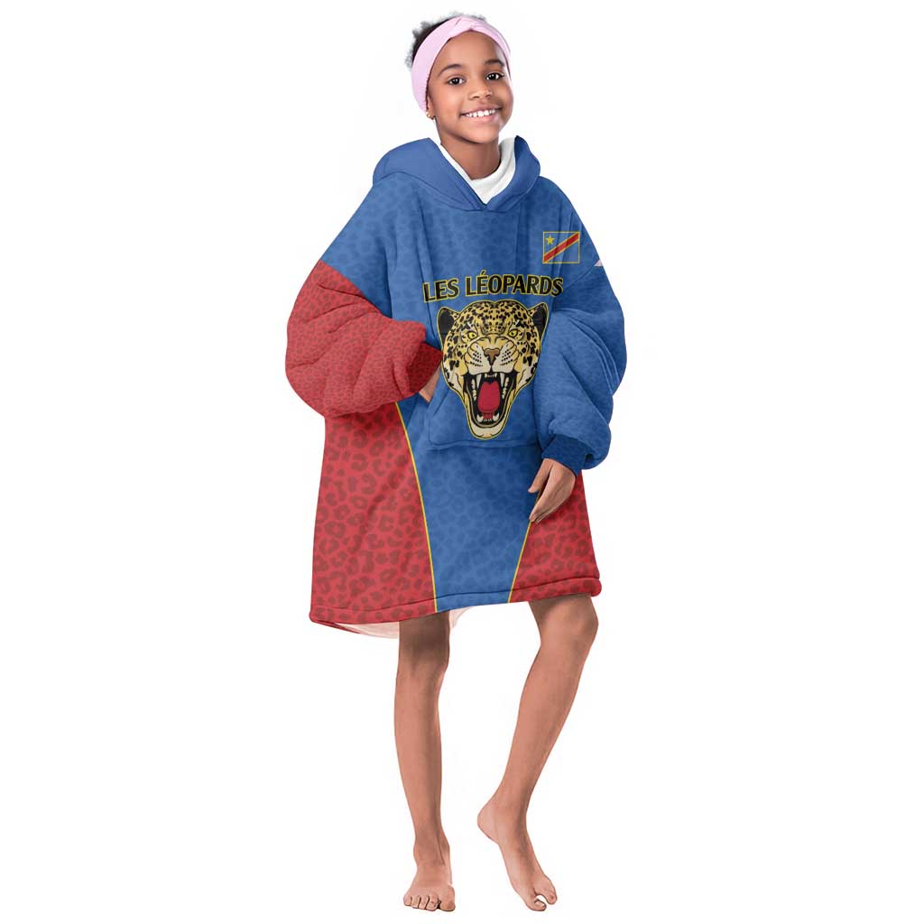 Africa DR Congo Football Custom Kid Wearable Blanket Hoodie Blue Leopard Skin Pattern - African Pride