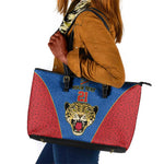 Africa DR Congo Football Custom Leather Tote Bag Blue Leopard Skin Pattern - African Pride