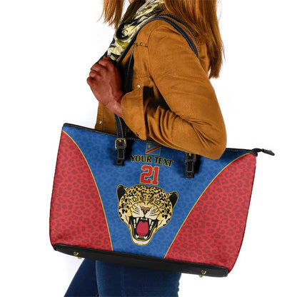 Africa DR Congo Football Custom Leather Tote Bag Blue Leopard Skin Pattern - African Pride