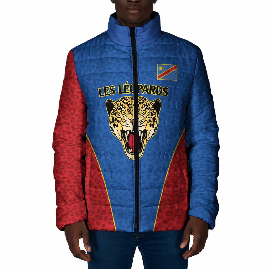 Africa DR Congo Football Custom Padded Jacket Blue Leopard Skin Pattern