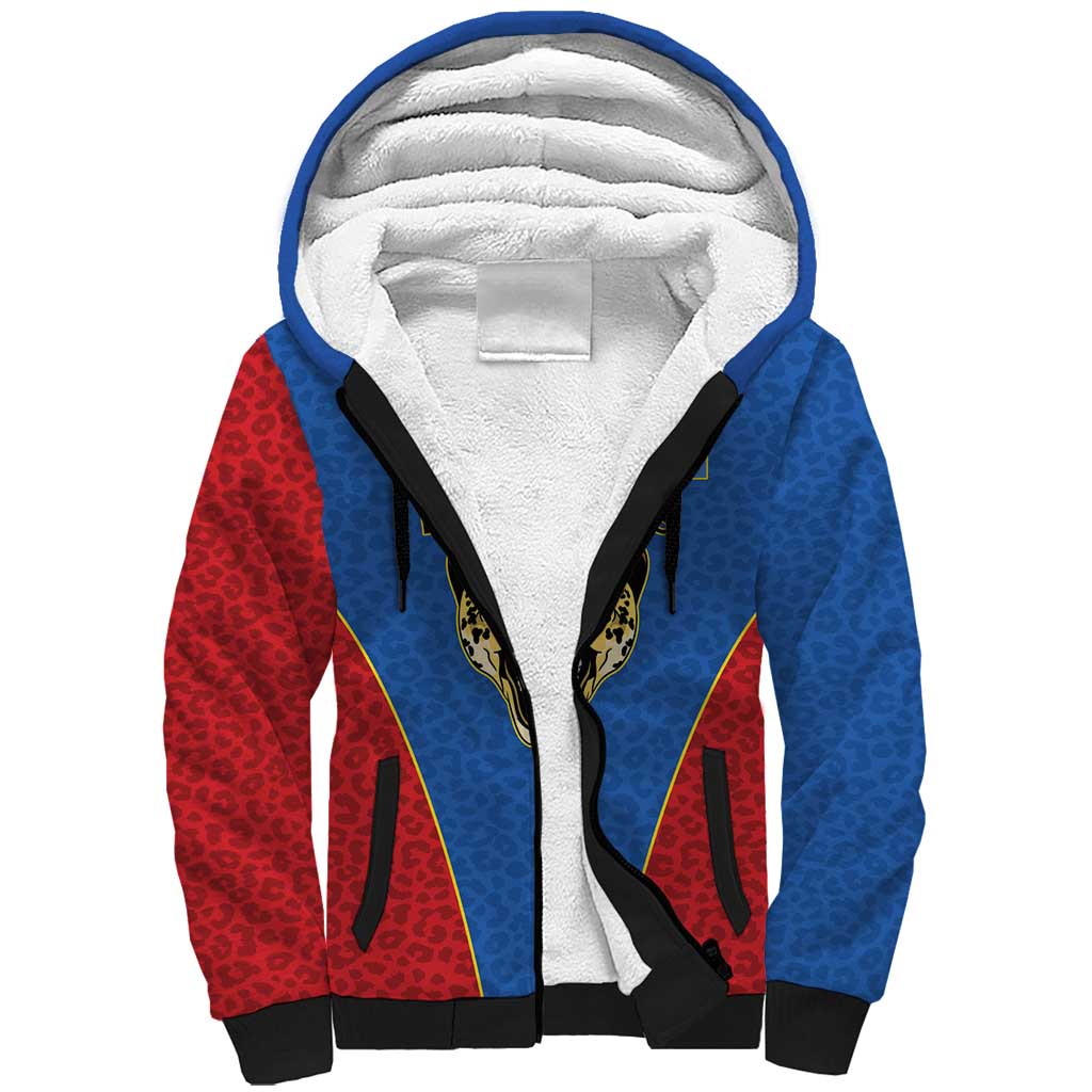 Africa DR Congo Football Custom Sherpa Hoodie Blue Leopard Skin Pattern - African Pride