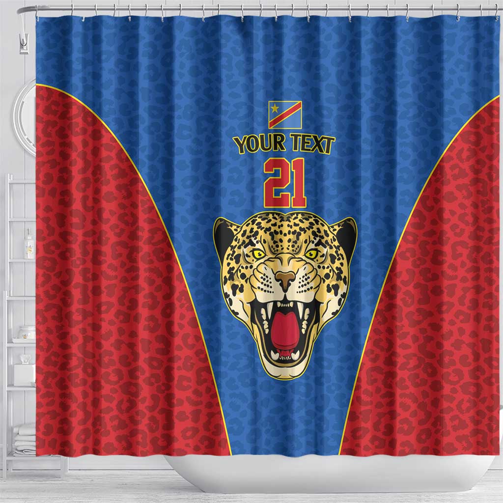 Africa DR Congo Football Custom Shower Curtain Blue Leopard Skin Pattern - African Pride