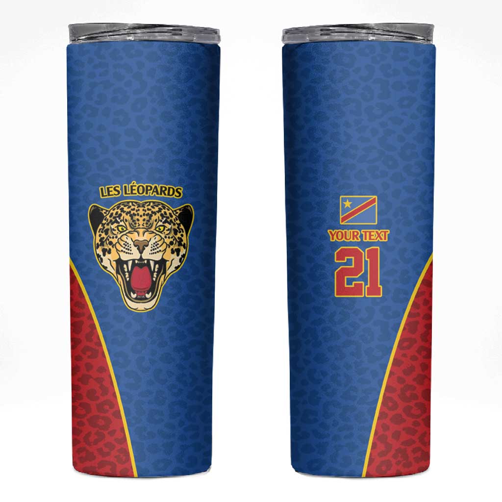 Africa DR Congo Football Custom Skinny Tumbler Blue Leopard Skin Pattern - African Pride
