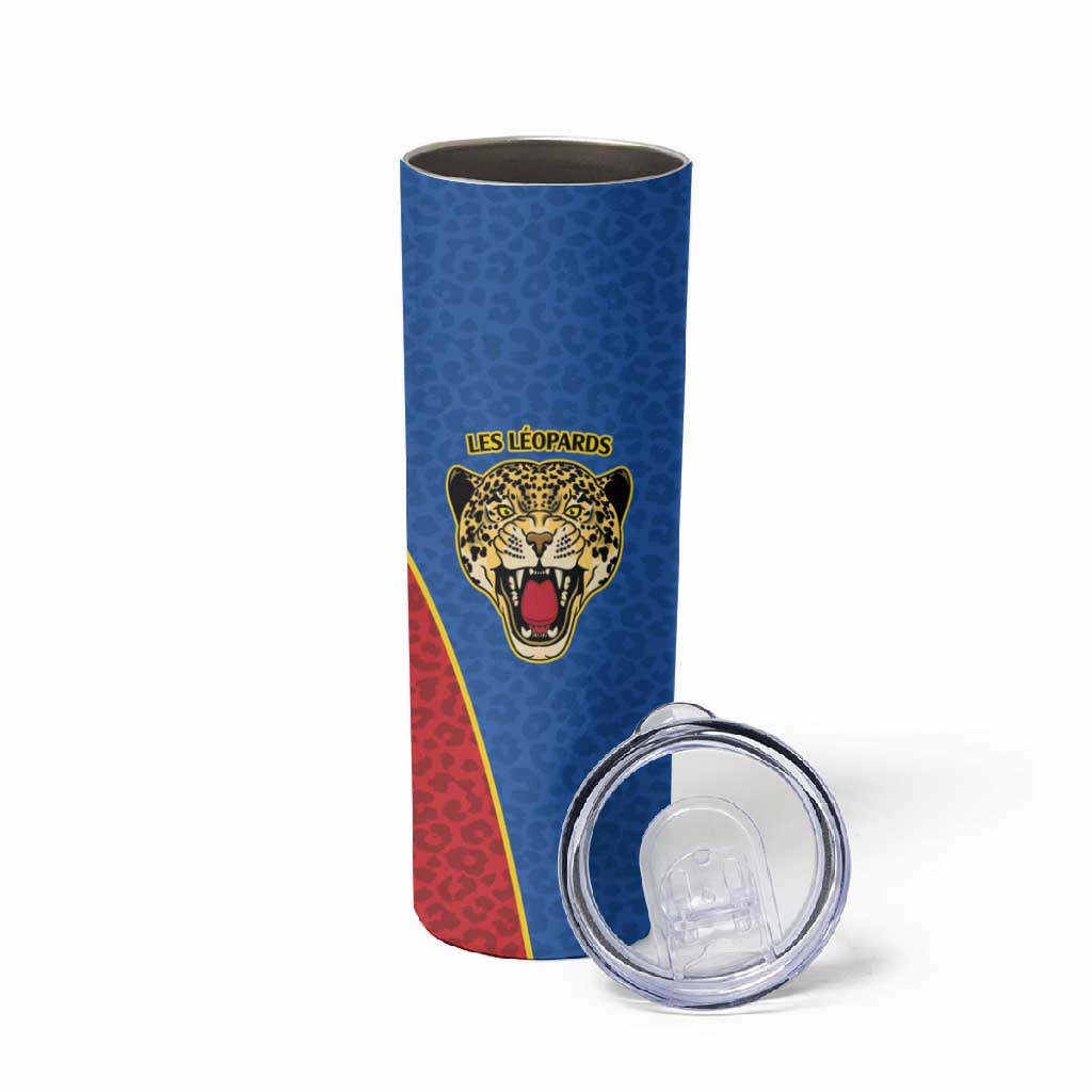 Africa DR Congo Football Custom Skinny Tumbler Blue Leopard Skin Pattern - African Pride